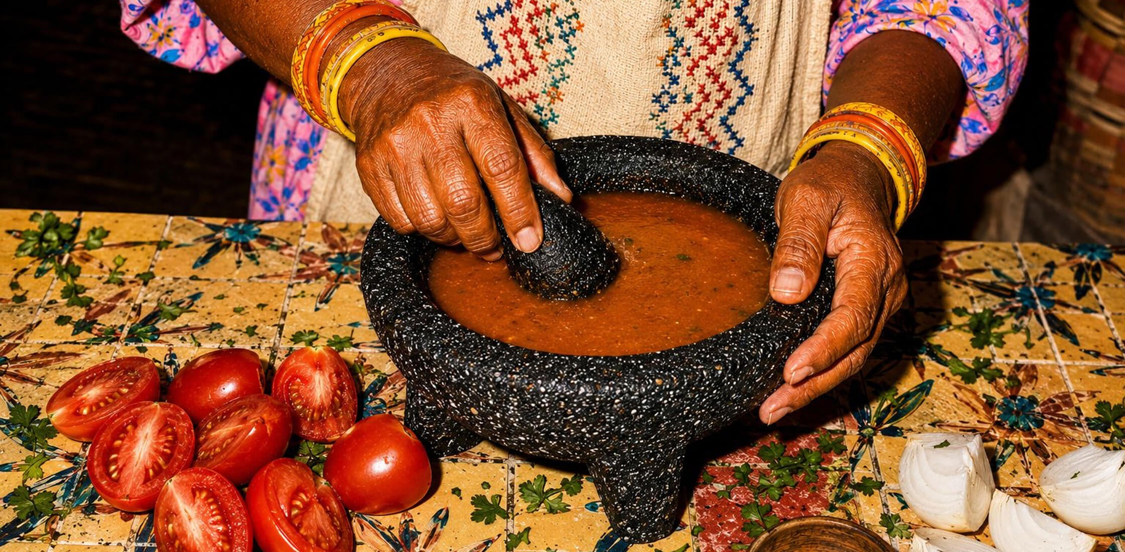 Marta cooking up some Marta's Roasted Tomato Salsa using fresh ingredients