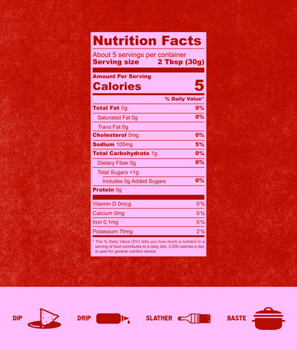 Nutrition facts label on a red background with icons at the bottom.